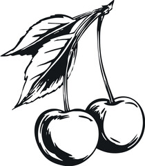 A monochromatic drawing of two cherries attached to a twig with a few leaves