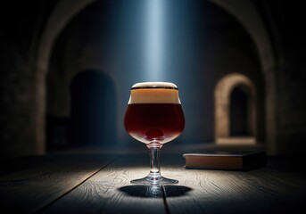 Glass of Belgian trappist ale on a wooden table in a dark monastery cellar with a light beam