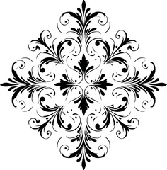Symmetrical black and white floral design featuring intricate curlicues, leaves, and pointed shapes arranged around a center