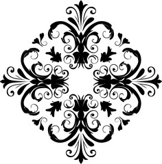 A symmetrical black filigree pattern, featuring ornate floral elements, swirling vines, and intricate curves