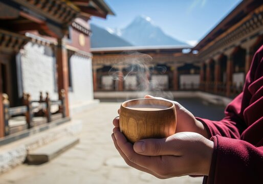 Monk holding a wooden cup of steaming hot suja tea in a traditional bhutanese monastery