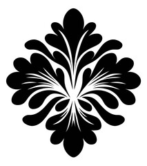 Symmetrical decorative design in black, resembling floral or organic shapes on a white background