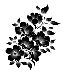 A black floral design composed of blooms and leaves, illustrated against a white background