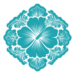 A teal floral design with a central flower surrounded by stylized leaves and ornate details, contained in a shape
