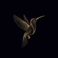 A delicate golden hummingbird illustration with intricate line work against a dark background