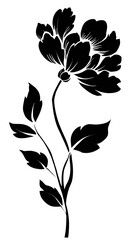 A stylized black and white illustration featuring a flower blossom with leaves and a curving stem