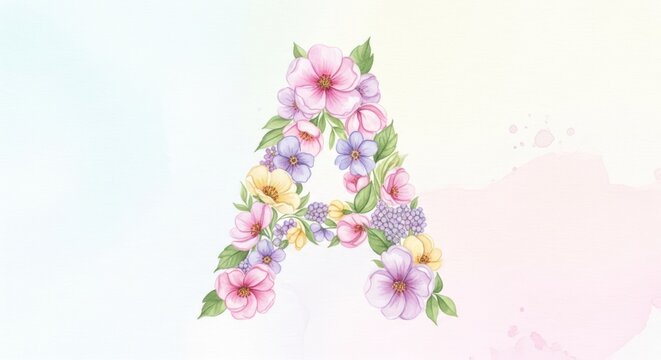 Floral letter A watercolor illustration, botanical alphabet design