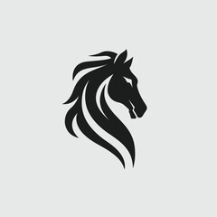 A minimalist design showing the profile of a horse's head with flowing mane, in black against a grey background