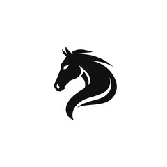 A stylized black horse head is shown in a curved, dynamic pose against a plain white backdrop