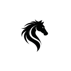 A stylized black horse head profile, mane flowing backward, on a clean white background