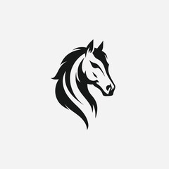 Black silhouette of a horse head, detailed flowing mane, stark contrast