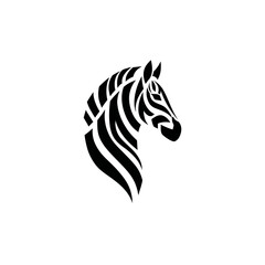 A stylized black and white graphic depicts the side profile of a zebra's head and neck