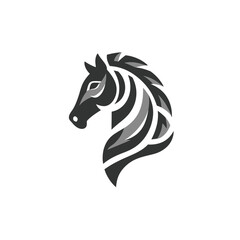 A grayscale illustration of a horse's head in a stylized, geometric design against a white background