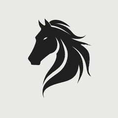 A sleek silhouette of a horse head with flowing mane, rendered in black on a light gray background