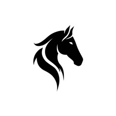 A black and white emblem featuring the side profile of a horse's head with stylized flowing mane