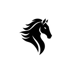 A stylized black silhouette of a horse's head and flowing mane, set against a stark white background