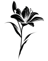 Flower Design Black graphic lily on white. Full bloom with stem, leaves, and bud
