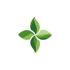 Green illustration features four stylized leaves arranged in a four-way symmetrical pattern, on a white background