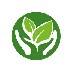 Obraz premium A green circular logo features leaves cradled by hands, symbolizing care and growth, with a clean design