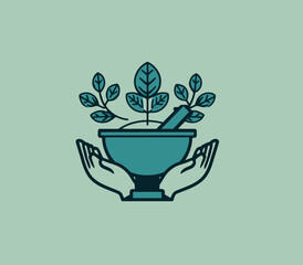 An herbal medicine emblem with a mortar, leaves, and hands. Flat design with teal elements