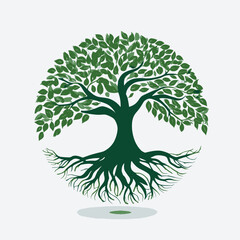 A stylized illustration features a circular tree with roots and branches, full of leaves on a white background