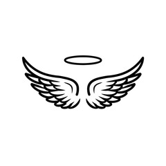Black and white image featuring an angel's wings spread wide below a floating halo
