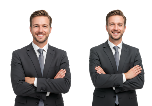 Two smiling businessmen with arms crossed isolated on transparent background