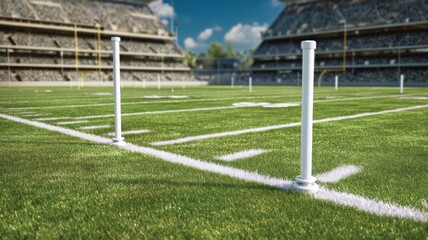 Professional football field with green grass, yard markers, goal line, and endzone ready for competitive game play