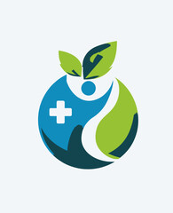 A healthy living logo in colors of green and blue, depicting leaves, a person, and a cross