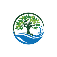 A circular emblem showcasing a tree with green leaves, water, and a wave © azi