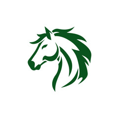 A minimalist, green horse head illustration on a white background. It uses smooth lines