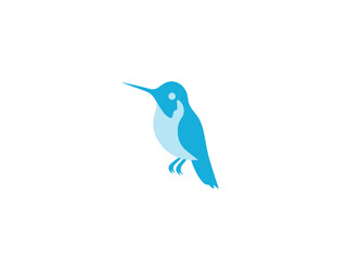 A minimalist design of a perched hummingbird in shades of blue, set against a plain white background