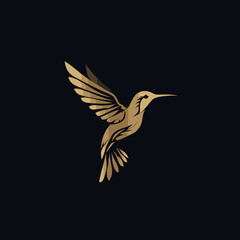 Elegant gold-toned hummingbird logo, featuring detailed wings, on a dark background. Ideal for design