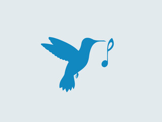 Silhouette of a hummingbird holding a musical note with a pale blue background