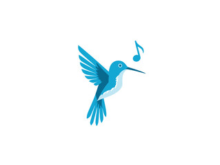 A stylized, turquoise hummingbird in flight, with a musical note icon above its head