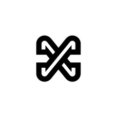 Abstract geometric logo features overlapping lines and curved shapes, resembling a stylized figure on white