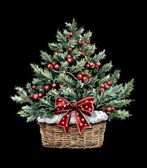 Illustration of a Christmas composition in a wicker basket with holly, red berries, and a bow, winter holiday decor for cards, posters, and seasonal design.