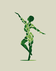 Green silhouette of dancer filled with leaf patterns on a beige background