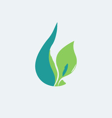 A stylized emblem featuring leaves in shades of green and teal on a pale background, evoking nature