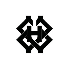 A symmetrical graphic design element composed of interwoven shapes in black against a white background