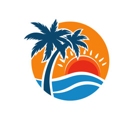 Fototapeta premium Tropical Scene Palm trees, sunset, and ocean waves on circular orange background