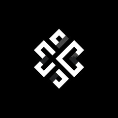 An abstract black and white design featuring a geometric cross-like shape. It is symmetrical with white lines