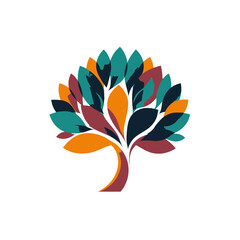 A stylized tree graphic with overlapping leaves in shades of teal, orange, maroon, and navy on white