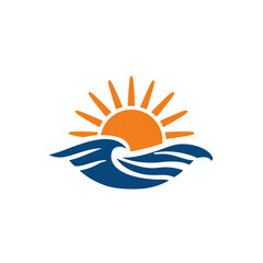 A graphic with a sun over the ocean waves. Orange and blue colors contrast on a white background