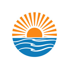 A round graphic featuring a sun rising over water with stylized waves, a serene and scenic design