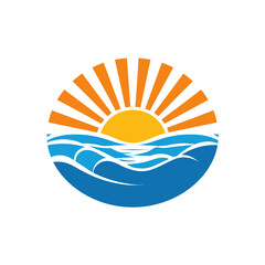 A circular logo shows the sun rising above ocean waves, radiating warmth and calm