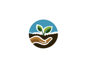 Circular graphic of a sprouting plant in soil, held by a stylized hand with sky in the background