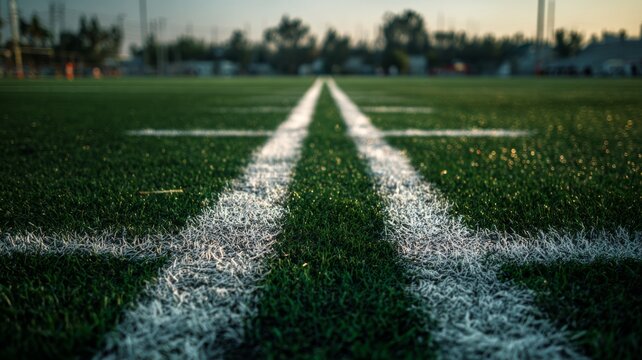 Professional football field with green grass, yard markers, goal line, and endzone ready for competitive game play