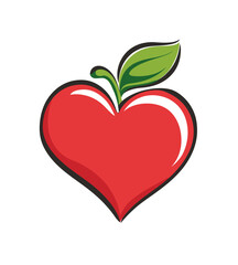 A red heart-shaped apple with a green leaf and stem, outlined in black, set against a white background