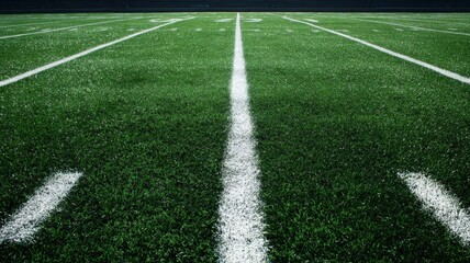 Fototapeta premium Professional football field with green grass, yard markers, goal line, and endzone ready for competitive game play